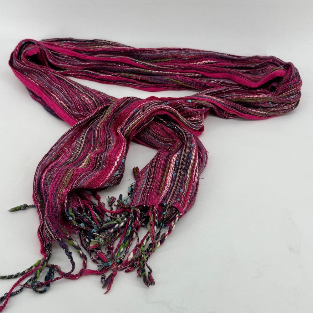 Pink Multi Color Woven Striped Tassel Scarf Boho Metallic Shimmer Wrap 0553